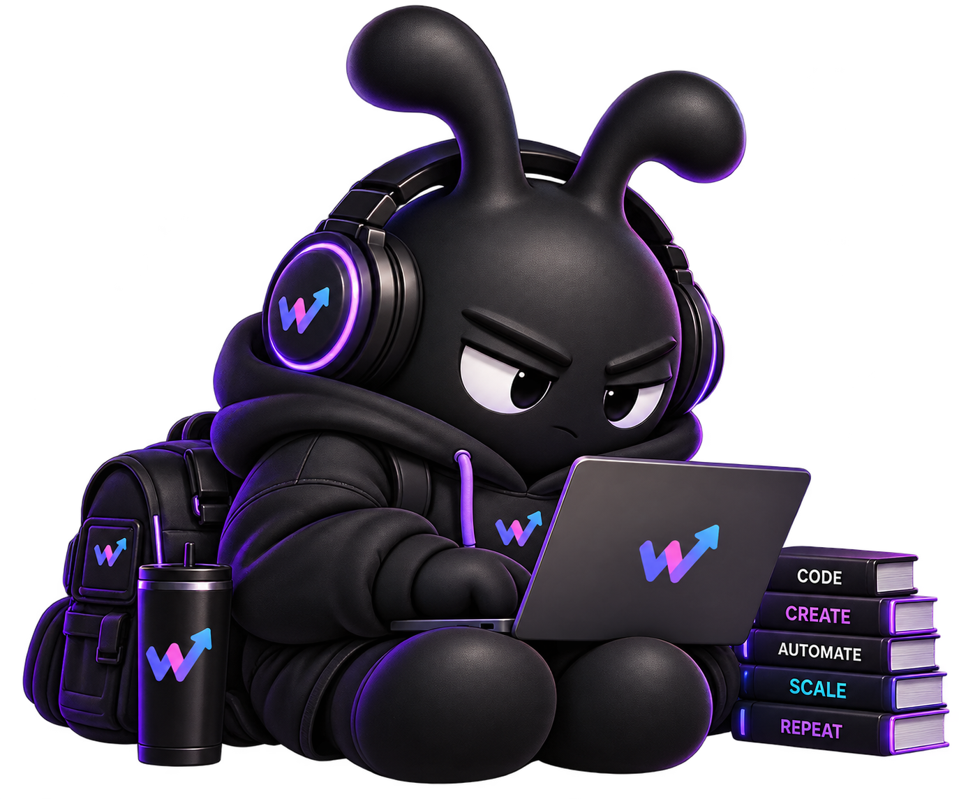 Wonward Code Studio's black-and-purple mascot with headphones and a laptop